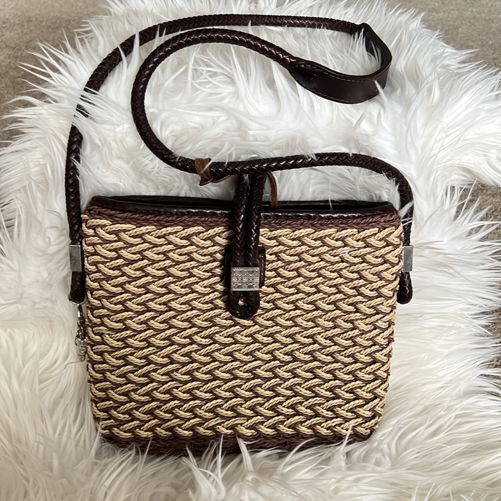Vintage Brighton Woven Straw Shoulder Bag with Braided Leather Strap